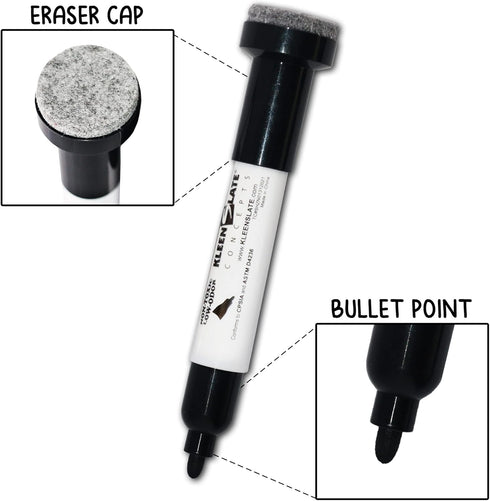 KleenSlate (12) Pack Large Black Dry Erase Markers with Eraser Cap, Round Point...
