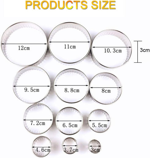 Stainless Steel Fluted Edge Round Cookie Biscuit Cutter Set 12 Pieces Graduated Ring Sizes...