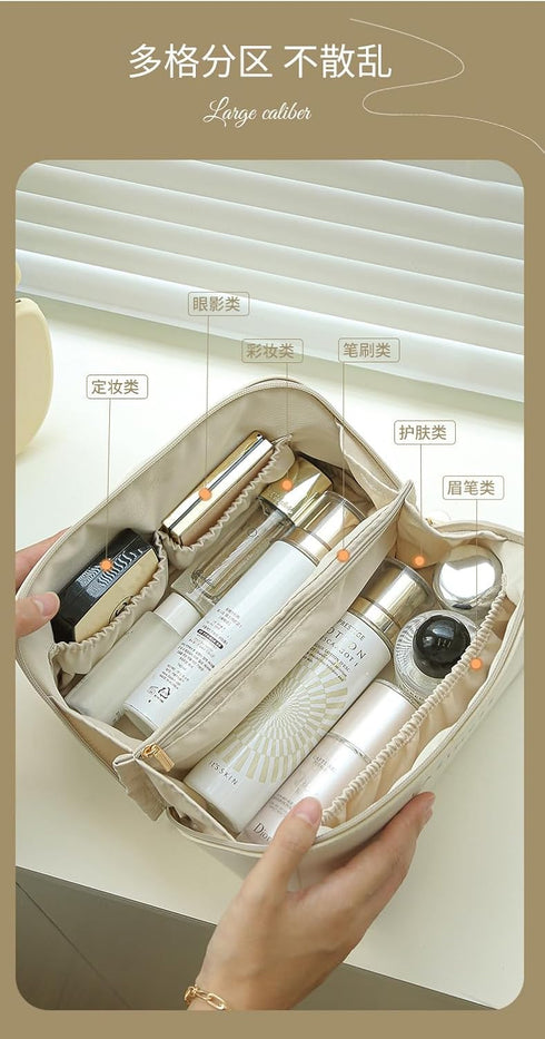 Portable PU Leather Cosmetic Bag Travel Makeup Bag Large Capacity Travel Cosmetic Bag Waterproof Makeup Organizer Bags for Women with Handle and D...