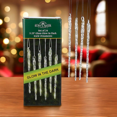 Kurt Adler 5-1/4-Inch Glass Glow-in-the-Dark Icicle Ornament Set of 24 for Christmas...