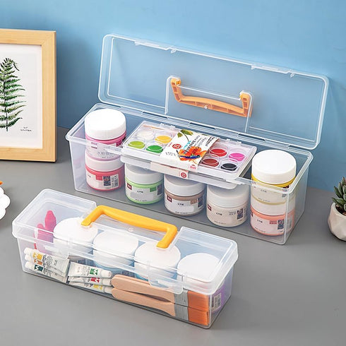 Plastic Portable Container with Handle, Art Craft Sewing Storage Box with Latching Lid for Paint Brush, Tools, Crayon, Washi Tape, Ruler, Ornament...