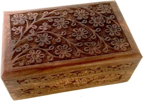 New Age Imports, Inc. GIFT IDEAS~ Floral Carved Handmade Wooden Box 4 inches by 6 inches~Ideal for storing Jewelry, Coins, Tartot cards, Small Tre...