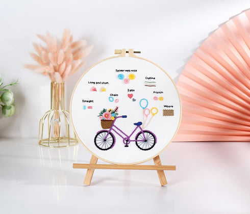 Embroidery Starter Kit for Beginners with Instructions, 3 Stamped Designs, 1 Bamboo Hoop, Thread Set, 9 Needles, Scissor, Threader, Seam Ripper......