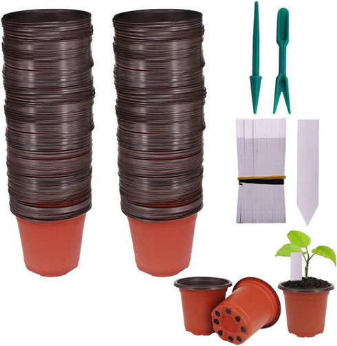 100 Pcs 4" Plastic Seedlings Plants Nursery Pots with 100 Pcs Waterproof Plastic Plant Tags and 2Pcs/Set Transplanting Digging Mini Tools...