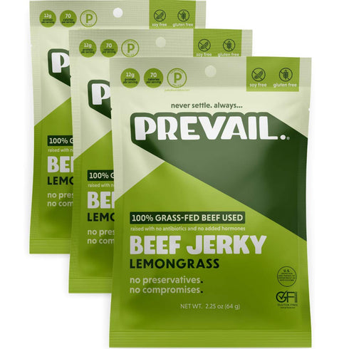 PREVAIL Lemongrass Grass-Fed Beef Jerky | Gluten Free | 100% Grass-Fed | High Protein Snacks | Free of Preservatives | No GMO's | Pack of (3) Bags...