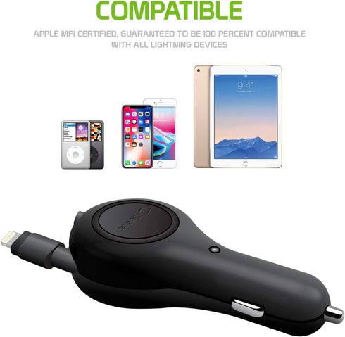 Cellet Retractable iPhone Car Charger with Lighting Cable (Apple MFI Certified) 10-Watt Compatible with iPhone 14 Pro Max Plus Mini SE 13 12 11 Xr...