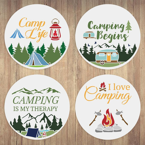 12pcs Camping Welcome Stencils for Painting On Wood 12" Half Round Stencils Forest Mountain Nature Stencil with Paint Brush Camp Life Go Fishing T...
