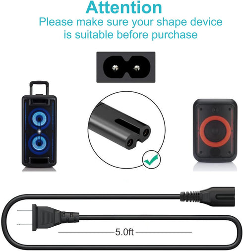 2 Prong AC Power Cord Fit for ONN. 100008734 100008736 Large Medium Party Speaker,ONN. 2.0 2.1 32" 36" 42" Roku Smart Soundbar Speakers, TCL Roku/...
