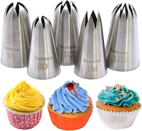 5 Pack Extra Large Piping Nozzles, 1B 1C 1E 1M 2D# Seamless Stainless Steel Piping Icing Tips for Cupcakes...