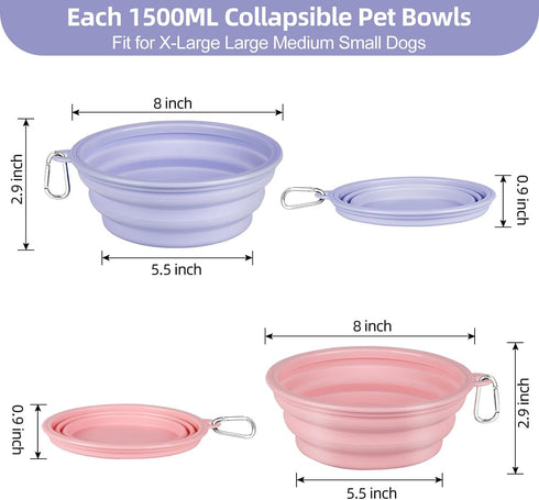 Kytely Collapsible Dog Bowls X-Large (1500ml), 2 Pack Foldable Dog Travel Bowls, Portable Dog Water Food Bowl with Clasp, Pet Feeding Cup Dish for...