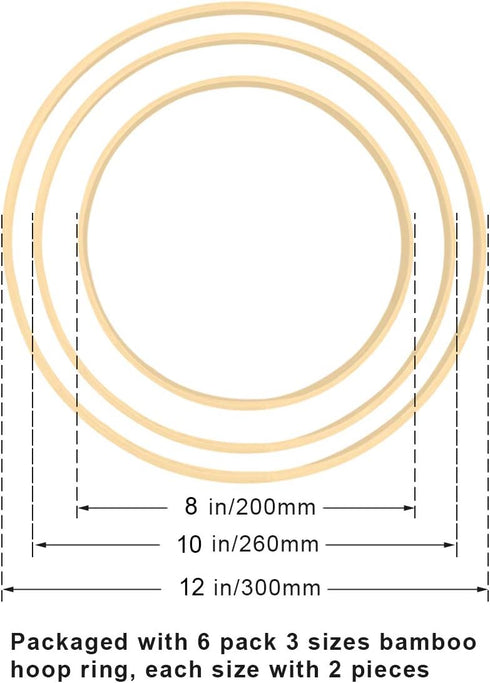 Worown 6 Pack 3 Sizes (8, 10 & 12 Inch) Bamboo Floral Hoops, Wooden Wreath Rings for Making Wedding Wreath Decor and Wall Hanging Crafts...