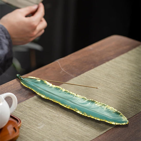 Incense Stick Holder Burner Ceramic Green Feather, Incense Burner Ash Catcher 9 Inch Handmade Incense Tray Meditation, Yoga, Home/Office Decor, Sp...