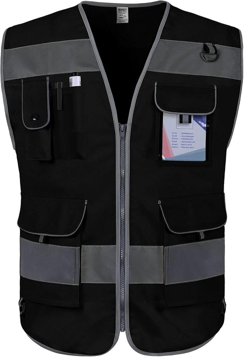 TCCFCCT Black Safety Vest for Men Women 9 Pockets High Visibility Reflective Vest for Safety, Work Vest with Reflective Strips, Meets ANSI/ISEA St...
