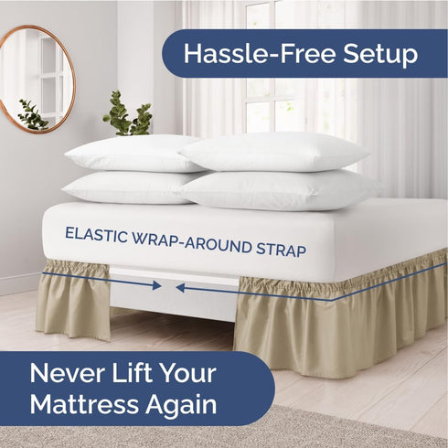 Wrap Around Dust Ruffle Bed Skirt - Beige - for King Size Beds with 15 Inch Drop - Easy Fit Elastic Strap - Adjustable Pleated Bedskirt w/Brushed ...