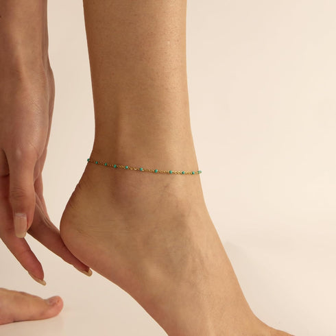 18K Gold Plated Boho Beaded Anklets for Women Dainty Gold Layered Round Ball Ankle Bracelet Pearl Cross Anklet Bracelet Waterproof Gold Jewelry Gi...