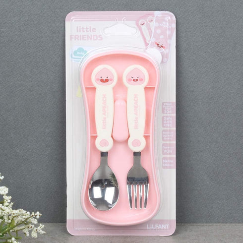 Kakao Friends - Easy Washing Clean 304 Stainless Steel Spoon & Fork (1.1 inch x 5.6 inch) with Wide Case Tableware Set for Kids, Pink (Little Apea...