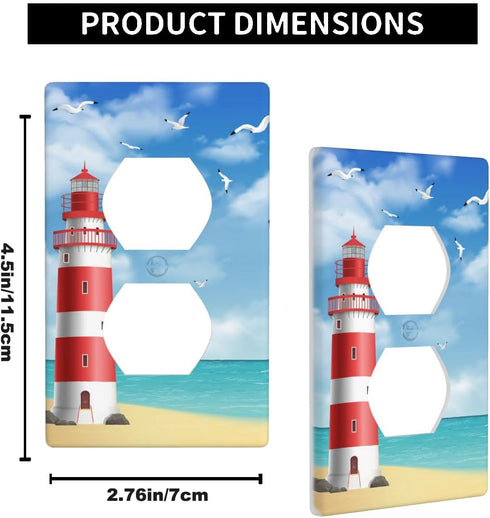 Red Lighthouse Outlet Covers Beach Blue Ocean Sunny Sky Clouds Seagull Nautical Coast 1-Gang Plug Cover Light Switch Covers Standard Size Duplex W...