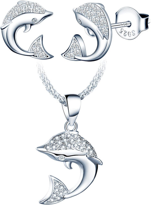 Yumilok Zircon Dolphin Necklace And Earring Sets for Women Jewelry Sets Sterling Silver Ocean Animal Stud Earrings Pendant Necklace Teen Friend Mo...