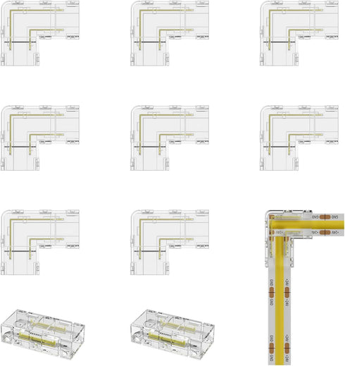 PAUTIX 8mm COB Connector 8pcs L-shaped/Corner Connector,Unwired Clips Solderless Adapter Terminal Extension Connection,2pcs Transparent Gapless Co...