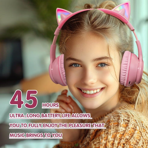 Headphones Cat Ear Wireless Bluetooth 5.3 60H Over Ear, 8H with Led Light Foldable Music Gaming Headset with Aux 3.5mm Mic for Game Pad Tablet Lap...