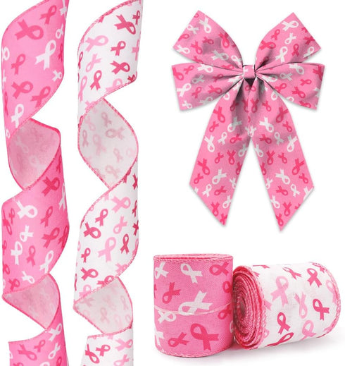 Hying 2 Rolls Breast Cancer Awareness Ribbons for Wreath Bows Wrapping Gifts, White Pink Ribbon for Gift Wrapping Breast Cancer Awareness Party De...