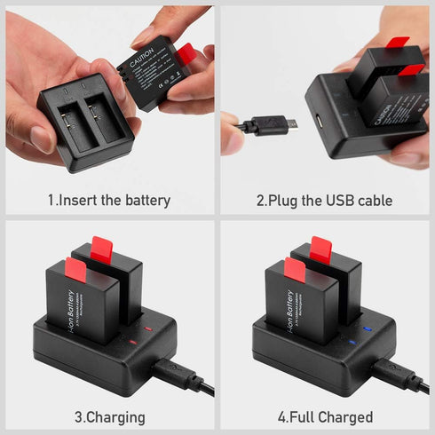 Action Camera Battery Pack, 1350mAh Rechargeable Battery(3-Pack) with USB Dual Charger for Sports Camera, Compatible with AKASO EK7000/CAMPARK/CRO...