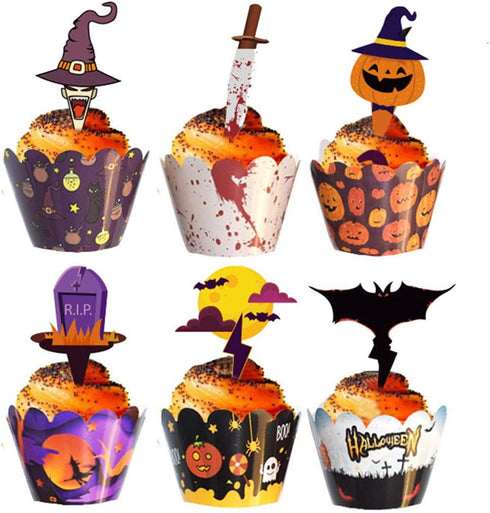48 Pieces Halloween Cupcake Toppers Cupcake Wrappers Kit for Halloween Cake Decoration...
