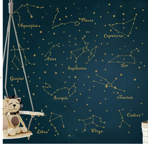 Constellation Wall Decal Twelve Constellations Stars Wall Stickers for Nursery Room Zodiac Astronomy Art Mural Kids Room Stars Decoration AM117 (G...