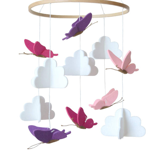 Baby Crib Mobile - Butterflies in The Clouds Nursery Crib Decoration for Girls & Boys - Pink & Purple...