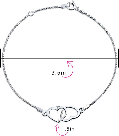 Bling Jewelry Romantic Open Interlocking Danity Bow Hearts Anklet Ankle Bracelet For Women .925 Sterling Silver Adjustable 9 To 10 Inch With Exten...