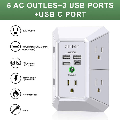 Wall Charger, Surge Protector, QINLIANF 5 Outlet Extender with 4 USB Charging Ports (4.8A Total) 3-Sided 1680J Power Strip Multi Plug Adapter Spac...