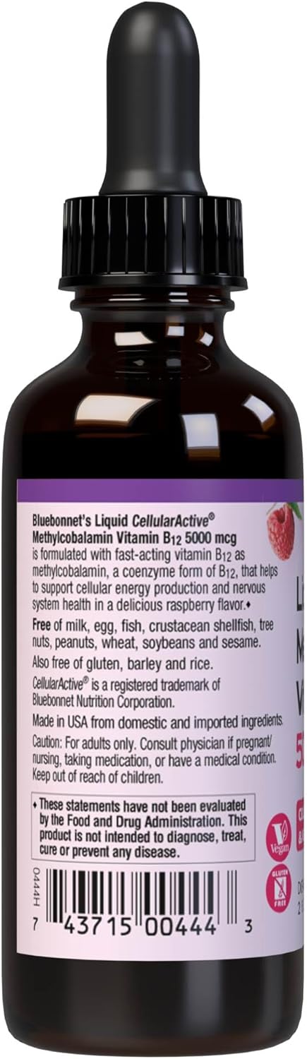 Bluebonnet Liquid Methylcobalamin Vitamin B12 5000 mcg Active Coenzyme Form of Vitamin B 12 Liquid Drops Energy Supplement for Women & Men - Vegan...
