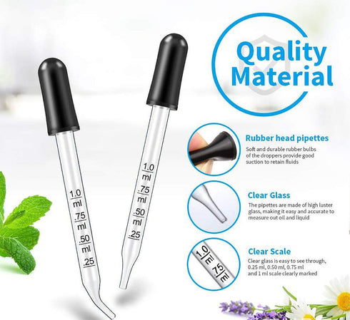 Eye Dropper for Essential Oils, Pipettes Dropper with Black Rubber Head, Calibrated Thick Glass Medicine Dropping Pipettes, 1ml Dropper Measurer, ...