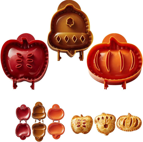 Fall Hand Pie Molds Set of 3, 3D Christmas Pie Mould Dough Press Mold Tool with Apples Pumpkins and Acorn Shape, Mini Pumpking Pie Decoration Wrap...
