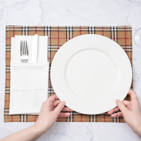 Restaurantware 16 x 12 Inch Dining Table Placemats Set Of 6 Rectangle Kitchen Table Mats - Vintage Style Easy To Clean Plastic Scotch Plaid Placem...