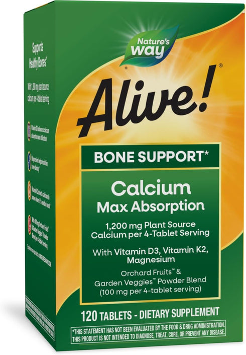 Nature's Way Alive! Calcium Max Absorption, Bone Support*, Plant Source Calcium, Vitamin D3 & K2, Magnesium, 120 Tablets (Packaging May Vary)...