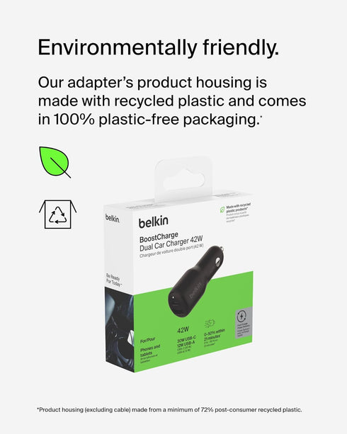 Belkin BoostCharge Dual Car Charger 42W w/Fast Charge USB-C 30W PPS & 12W USB-A Ports for Apple iPhone 15, 15 Pro, 15 Pro Max, iPhone 14 Series, i...