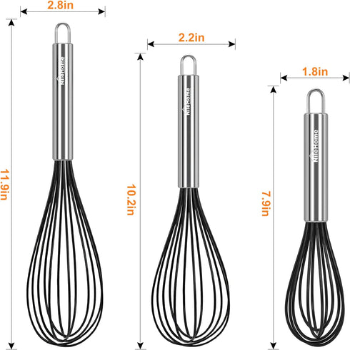 NileHome Whisk Commercial Whisks Stainless Steel & Silicone Non-Stick Coated Small Whisk Set 8" 10" 12" Kitchen Wisk Wire Whisks for Cooking 3 Pac...