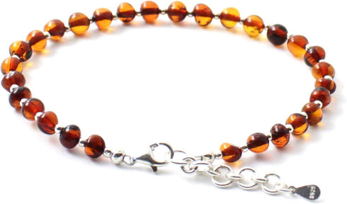 Baltic Amber Adult Anklet with Silver - 8.6 inches - Adjustable - Women Jewelry - Polished Cognac Beads...