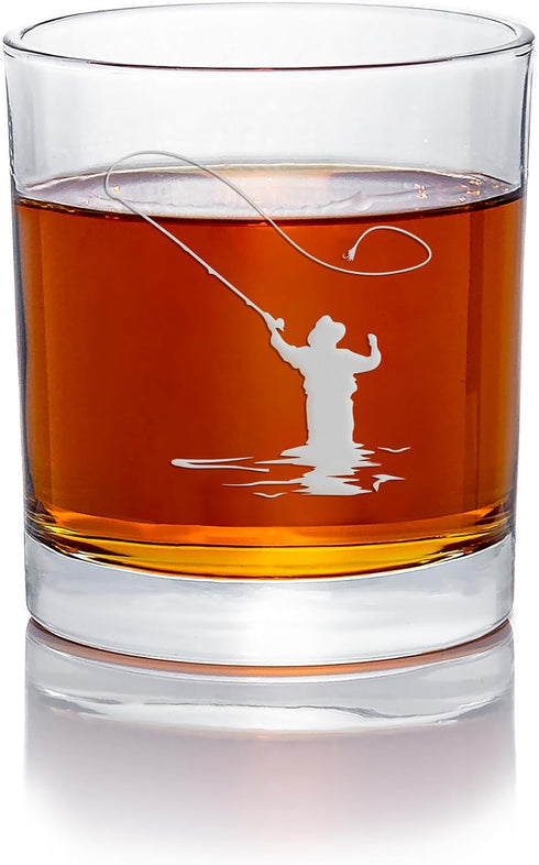 Fly Fisherman Round Rocks Glass - Fisherman Gift, Fishing Glass...