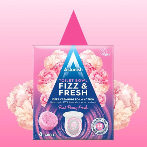 Astonish Foaming Pink Peony Toilet Bowl Cleaner - Deep Cleaning Limescale, Calcium & Rust - No Bottle, Removes Hard Stains - Box of 8 Tablets...