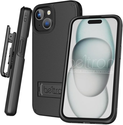 BELTRON Case Holster Combo for iPhone 15, Slim Protective Full Body Grip Case & Swivel Belt Clip 3 in 1 Combo with Kickstand/Card Holder Compatibl...