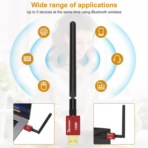 Long Range Bluetooth Adapter for Desktop PC,Techkey 5.3+EDR V1 USB Bluetooth Adapter,Class 1 Wireless Bluetooth Dongle Bluetooth Receiver Support ...