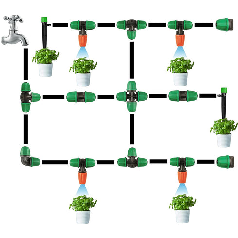 Drip Irrigation Fittings Kit for 1/4" Tubing, 65 Pcs Drip Line Lock Barbed Connectors for Drip Systems - 18 Couplings, 15 Tees, 12 End Caps,1 0 El...