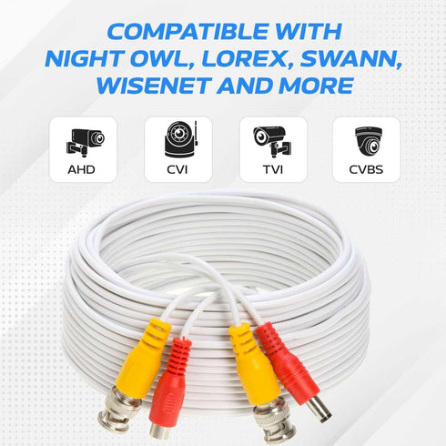 20FT White Premade BNC Video Power Cable Extension Wire for CCTV, Security Camera, DVR, Surveillance System, All in One Plug & Play Cord...