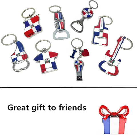 8 Pack Dominican Republic Country Metal Keychain, 5 Bottle Opener, T-shirt, Flag, Beer Can, Heart-Key Design, Souvenir Keychains, Gift, Bulk...