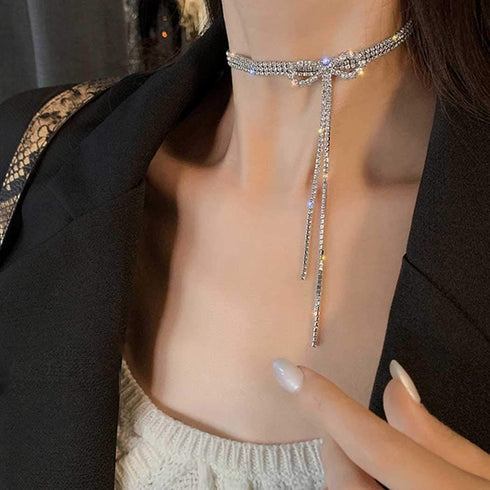 ELABEST Rhinestone Bow Necklace Crystal Bowknot Pendant Choker Dainty Tennis Chain Nightclub Party Jewelry for Women...