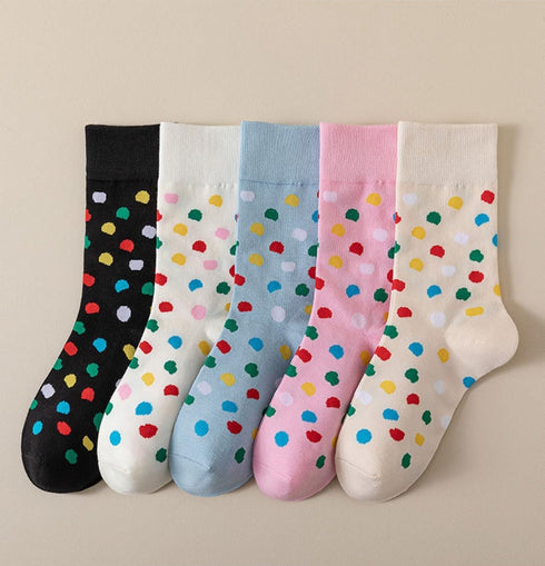 Polka Dots Socks Women Colorful Dots Cotton 5 Pairs Mid-calf Crew Socks Cute Breathable High Ankle...