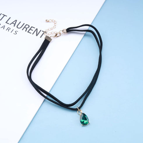 Vintage Layered Suede Choker Necklace Green Teardrop Clavicle Necklace Black Velvet Choker Necklace Cz Emerald Pendant Necklace Collar Jewelry for...