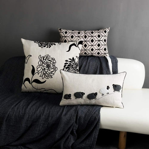 JWH Sheeps Pillow Cover Decorative Animal Embroidery Accent Pillow Case Lumbar Cushion Cotton Pillowcase for Sofa Couch Bed Living Room 12x20 Inch...